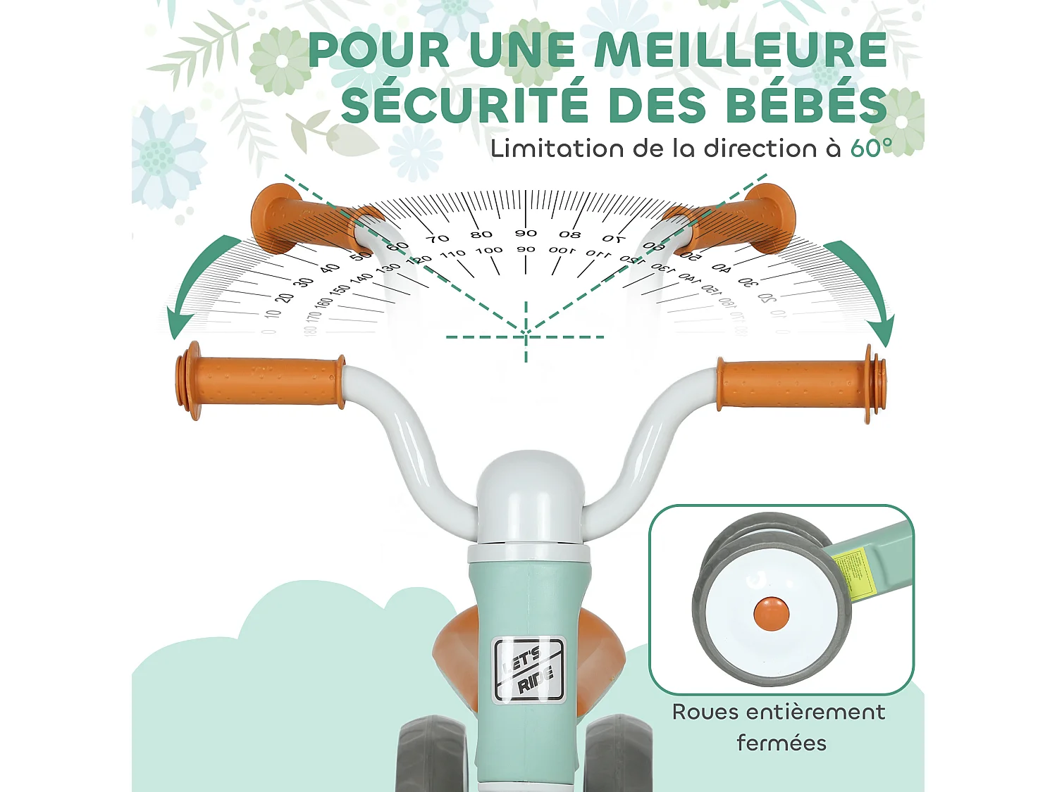 Draisienne 3 roues enfant 12-36 mois pneu EVA silencieux grande selle métal vert d'eau