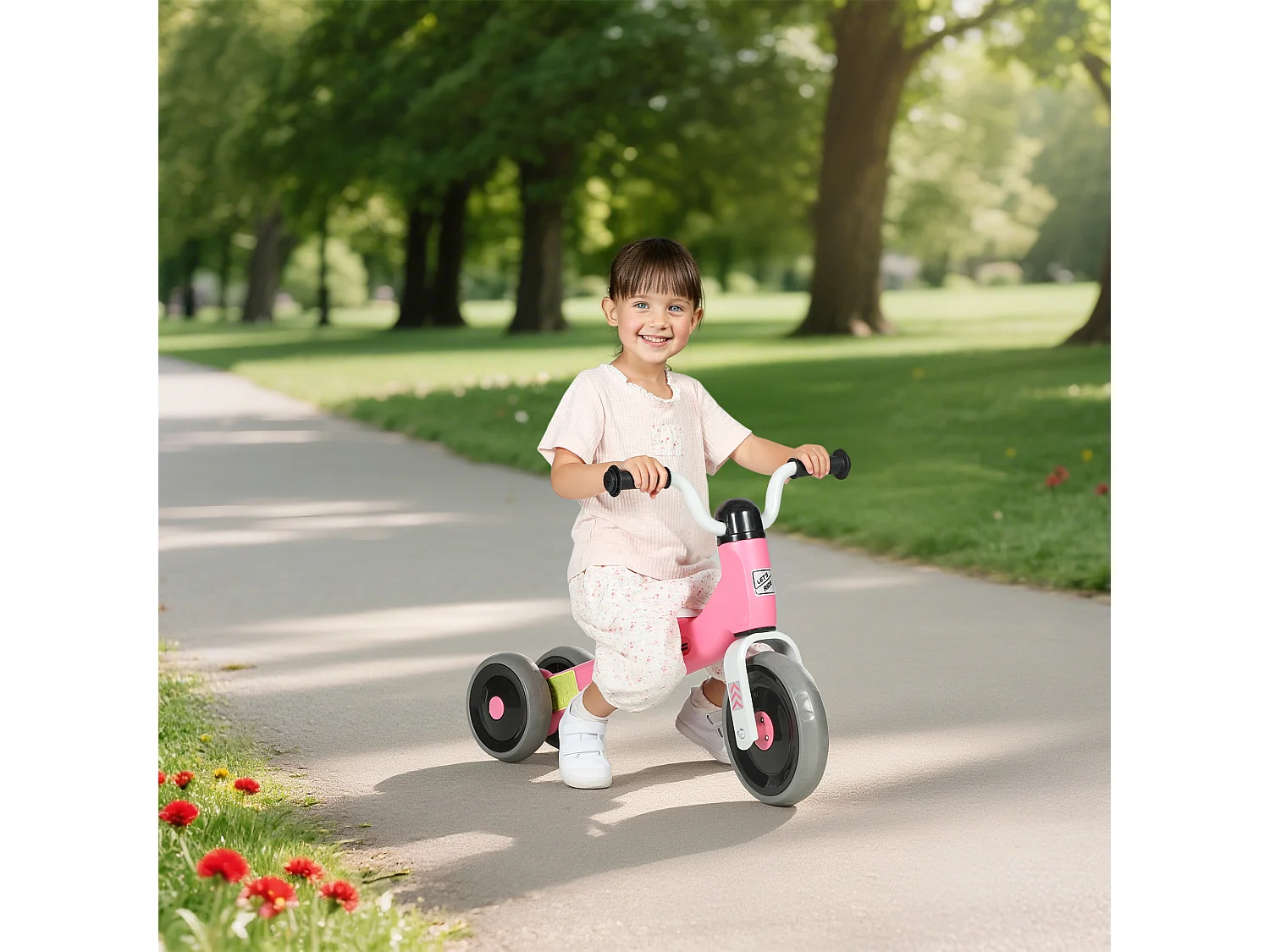 Draisienne 3 roues enfant 12-36 mois pneu EVA silencieux grande selle métal rose blanc