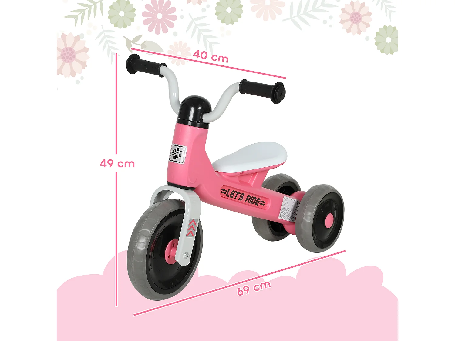 Draisienne 3 roues enfant 12-36 mois pneu EVA silencieux grande selle métal rose blanc