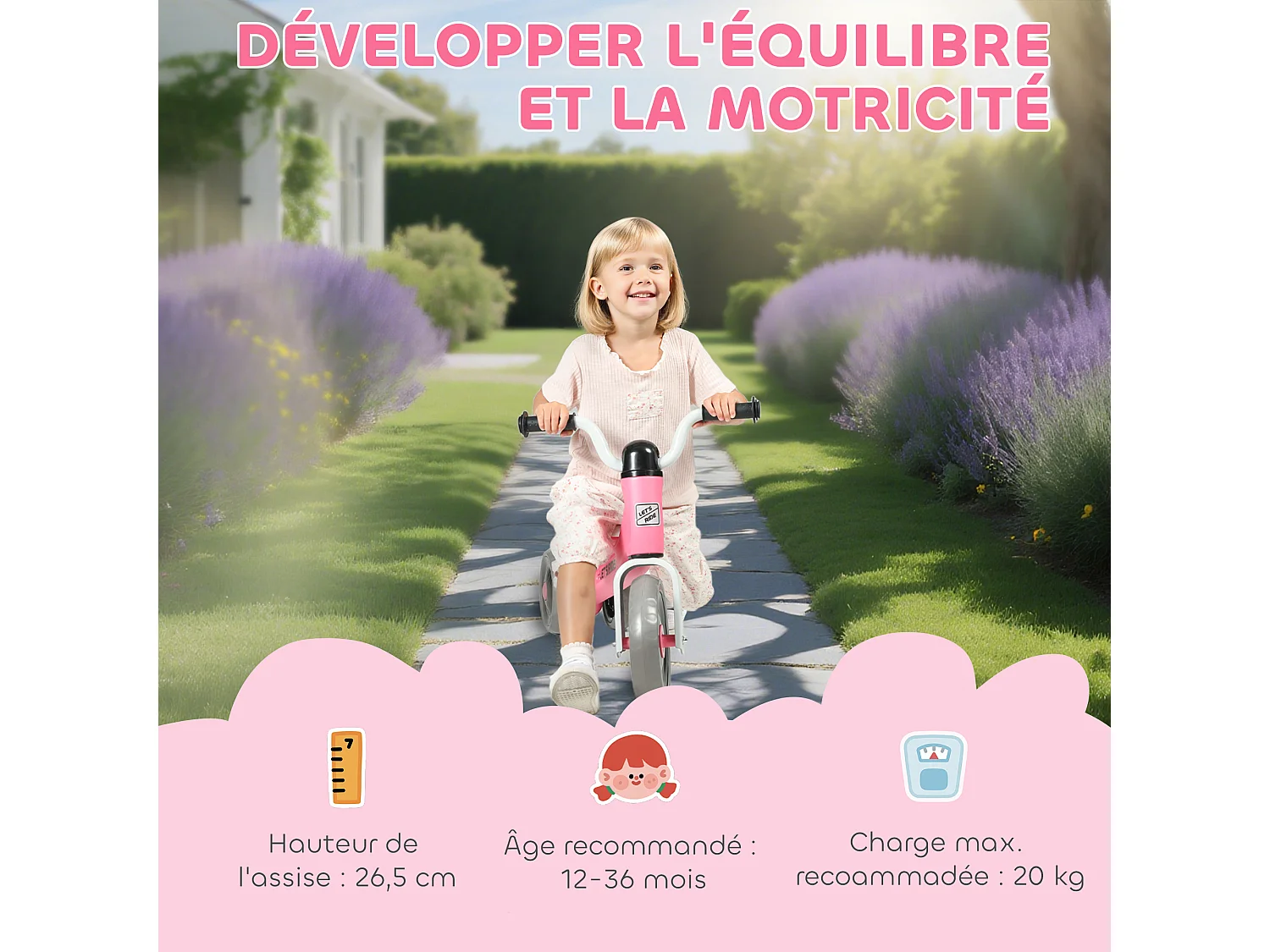 Draisienne 3 roues enfant 12-36 mois pneu EVA silencieux grande selle métal rose blanc