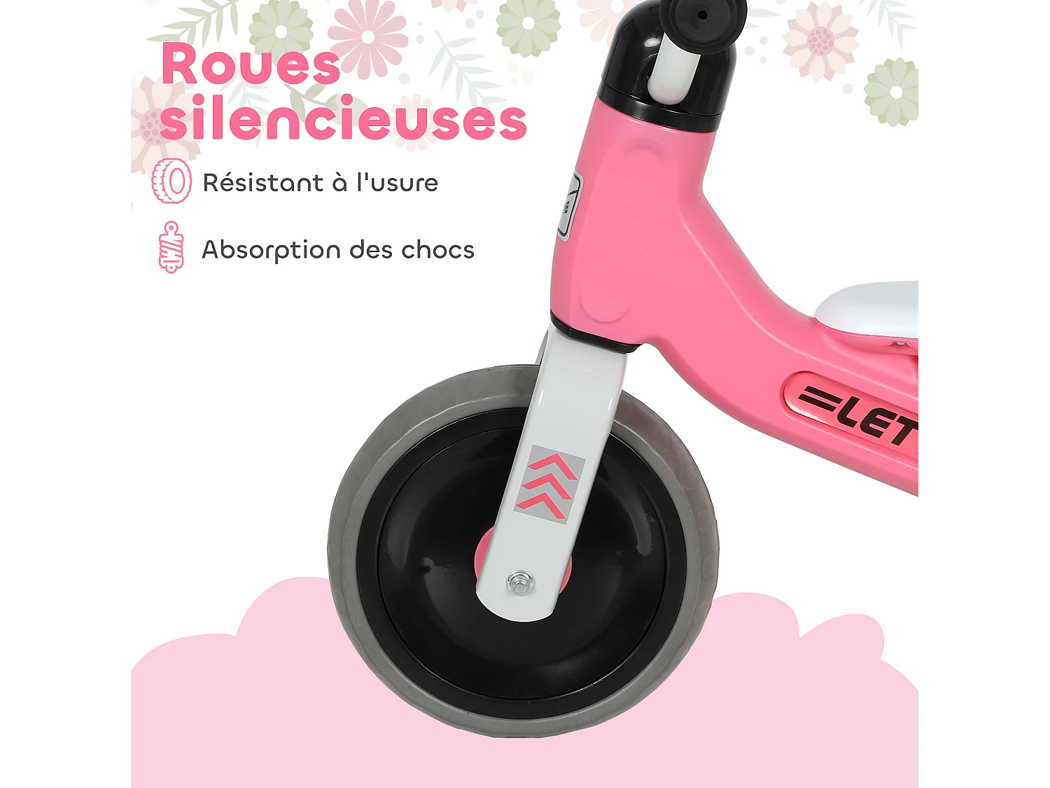 Draisienne 3 roues enfant 12-36 mois pneu EVA silencieux grande selle métal rose blanc