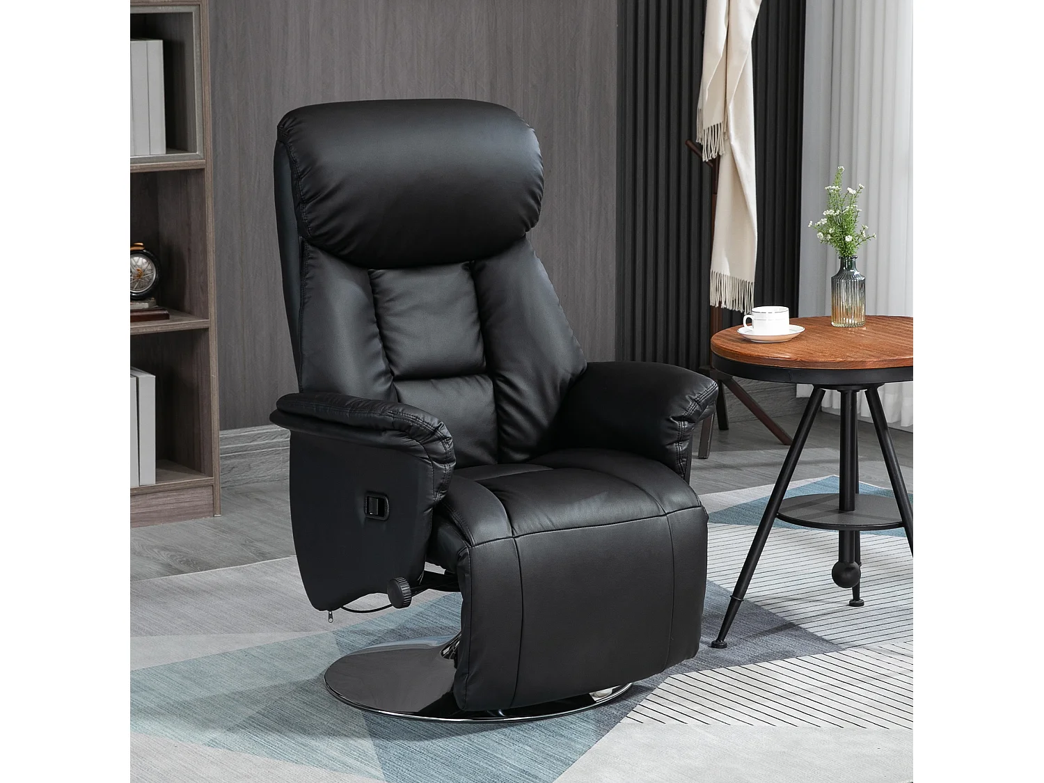 Fauteuil relax inclinable repose-pied réglable pivotant 360° piètement métal chromé revêtement synthétique noir