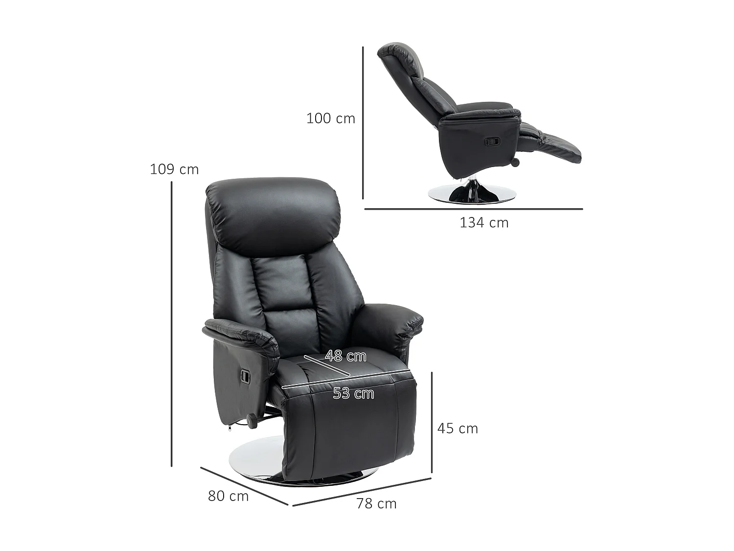 Fauteuil relax inclinable repose-pied réglable pivotant 360° piètement métal chromé revêtement synthétique noir