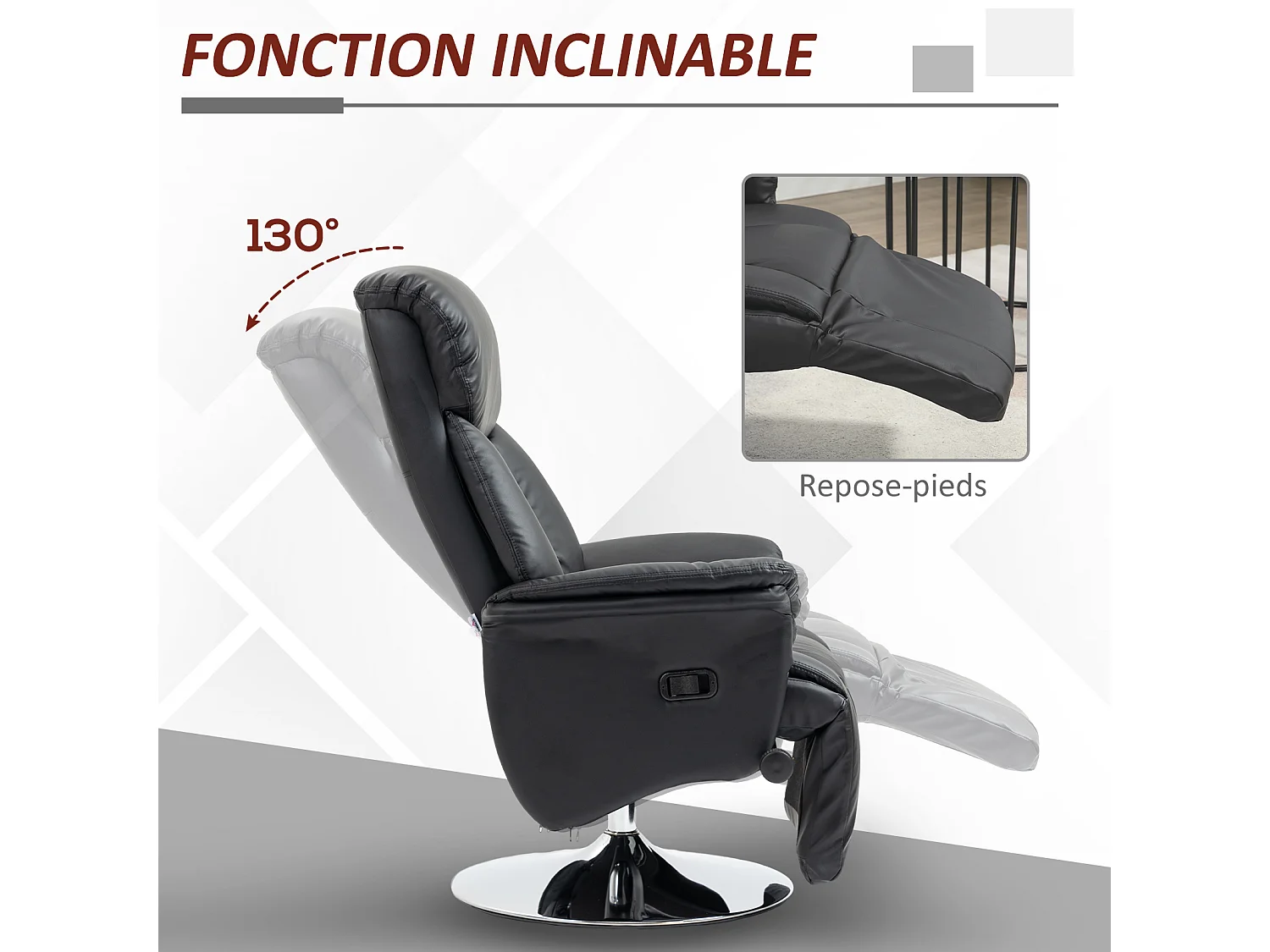 Fauteuil relax inclinable repose-pied réglable pivotant 360° piètement métal chromé revêtement synthétique noir