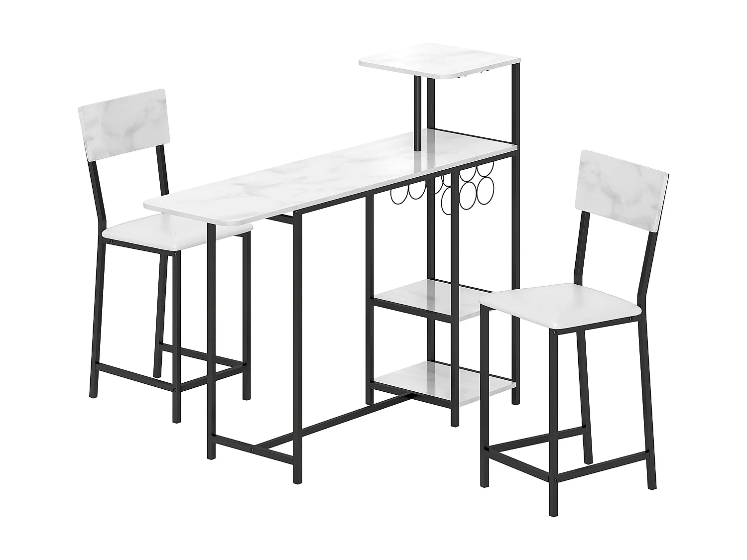 Ensemble table de bar 2 tabourets - table à rabat, casiers à vin 6 bouteilles, porte-verres, 3 étagères - acier noir effet marbre blanc