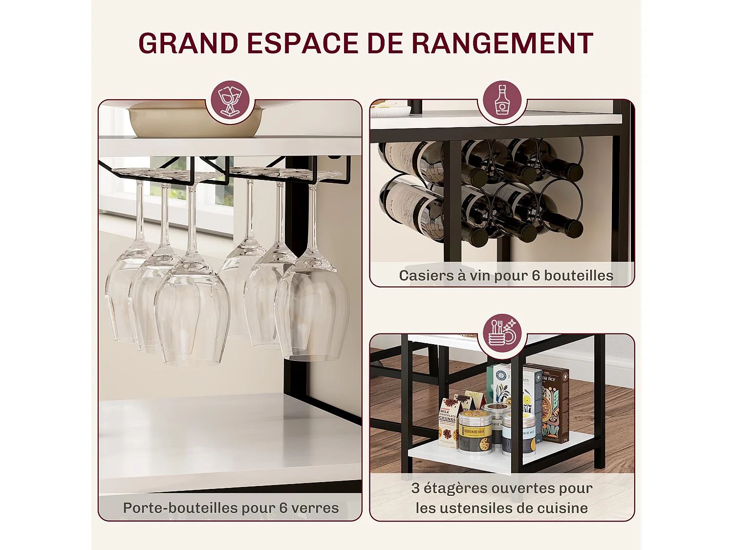 Ensemble table de bar 2 tabourets - table à rabat, casiers à vin 6 bouteilles, porte-verres, 3 étagères - acier noir effet marbre blanc