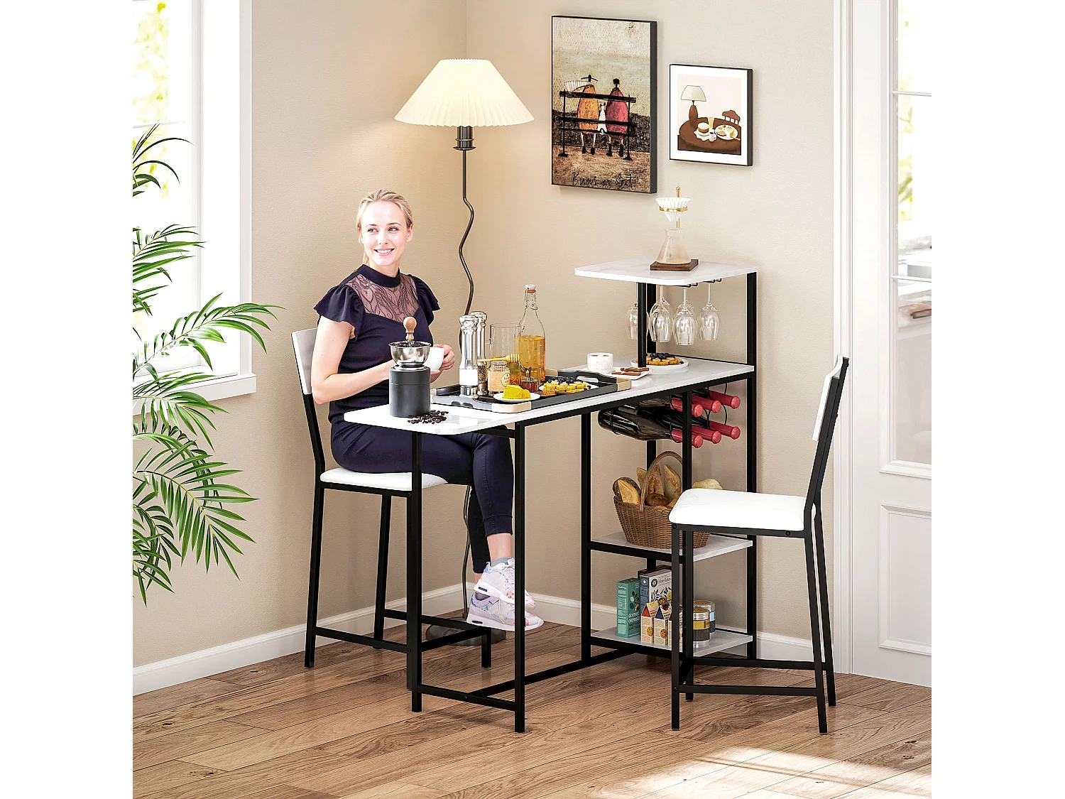 Ensemble table de bar 2 tabourets - table à rabat, casiers à vin 6 bouteilles, porte-verres, 3 étagères - acier noir effet marbre blanc