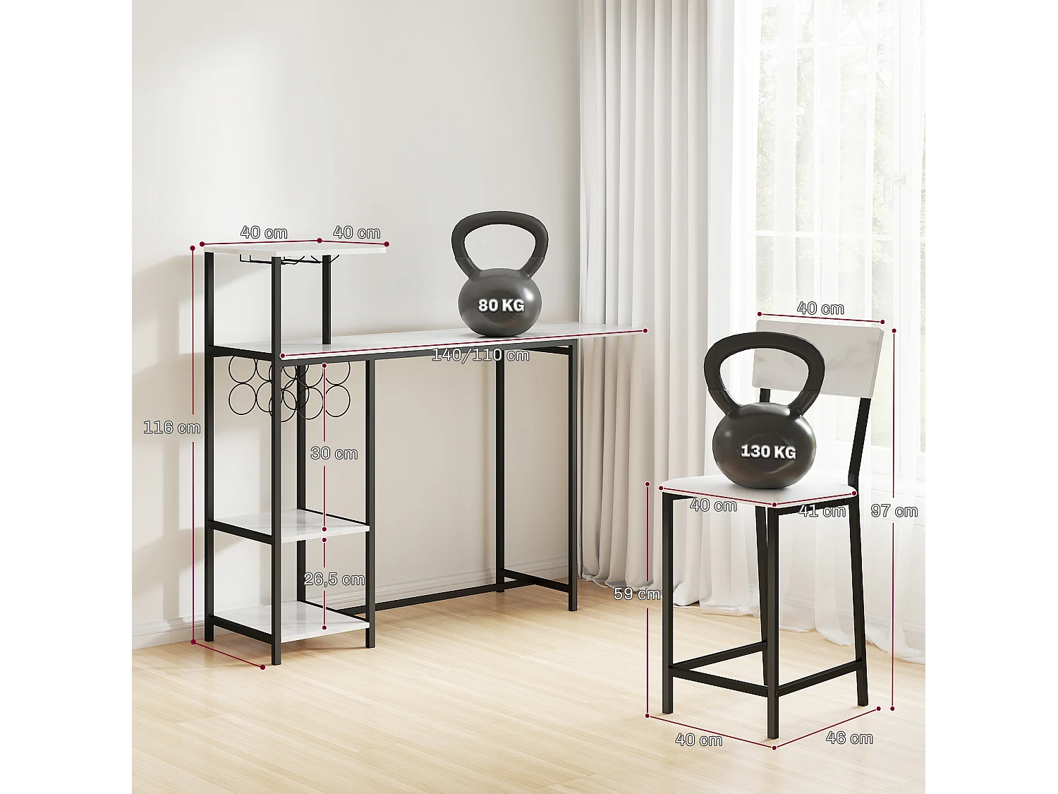 Ensemble table de bar 2 tabourets - table à rabat, casiers à vin 6 bouteilles, porte-verres, 3 étagères - acier noir effet marbre blanc