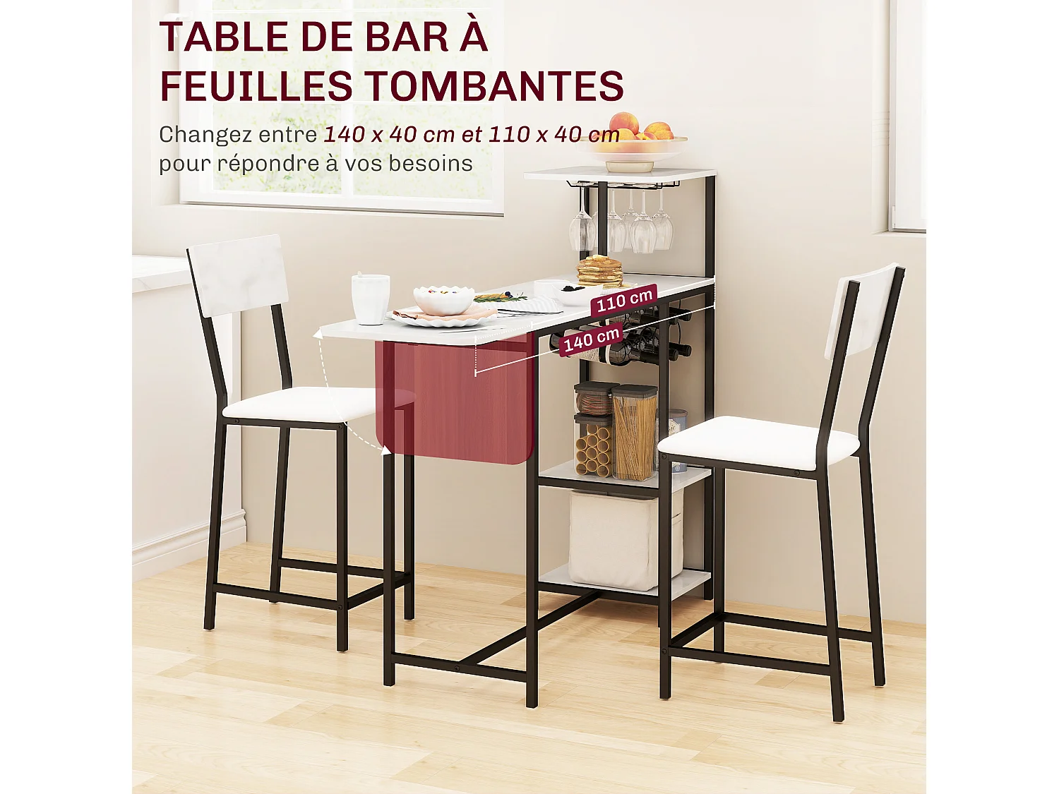 Ensemble table de bar 2 tabourets - table à rabat, casiers à vin 6 bouteilles, porte-verres, 3 étagères - acier noir effet marbre blanc