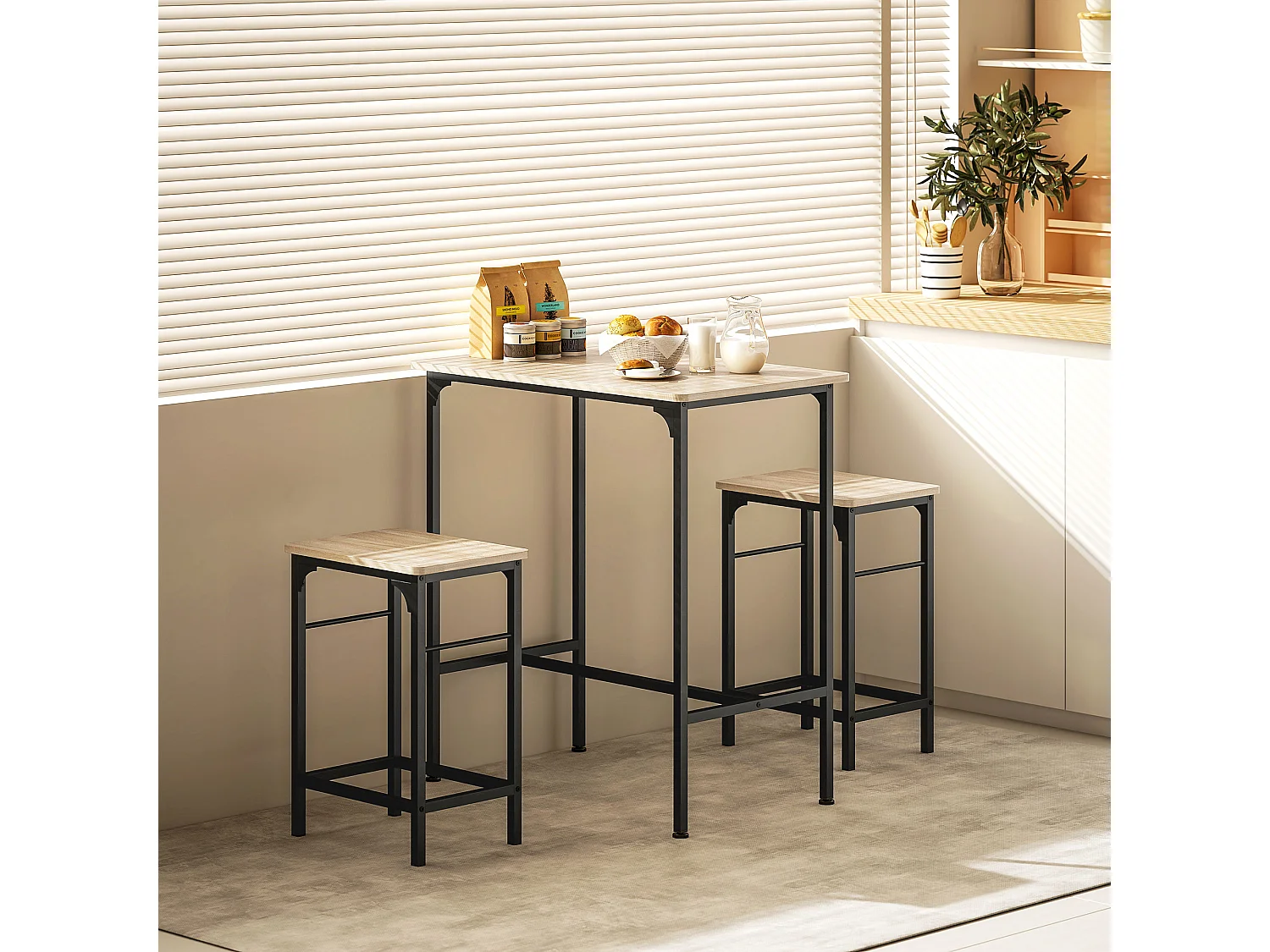Ensemble table de bar avec 2 tabourets acier noir effet bois de chêne clair