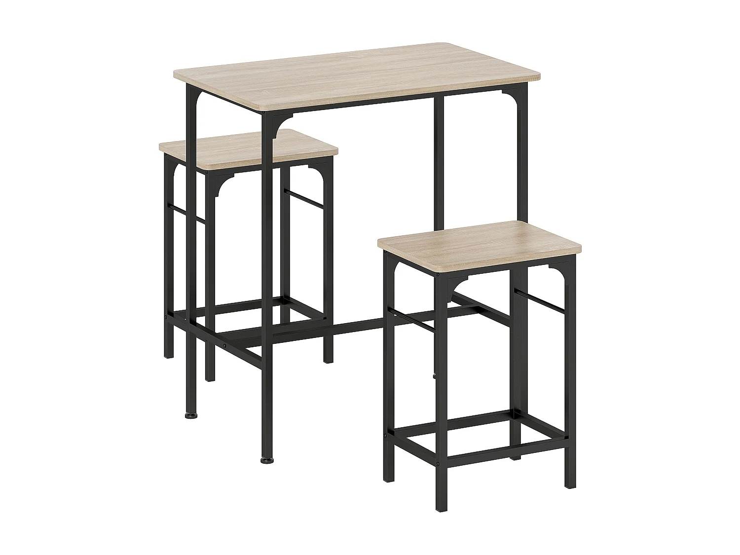 Ensemble table de bar avec 2 tabourets acier noir effet bois de chêne clair