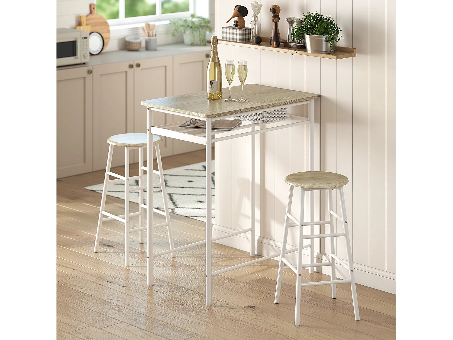 Ensemble table de bar 2 tabourets avec étagère à barreaux métal blanc effet bois clair