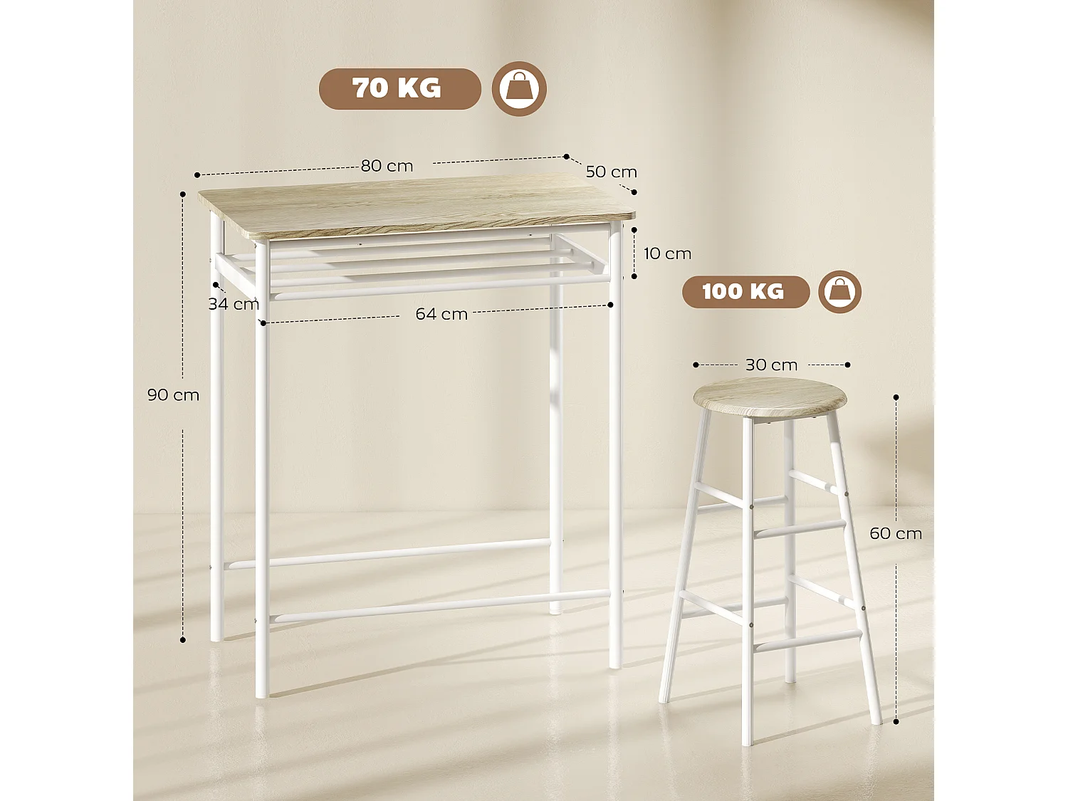 Ensemble table de bar 2 tabourets avec étagère à barreaux métal blanc effet bois clair