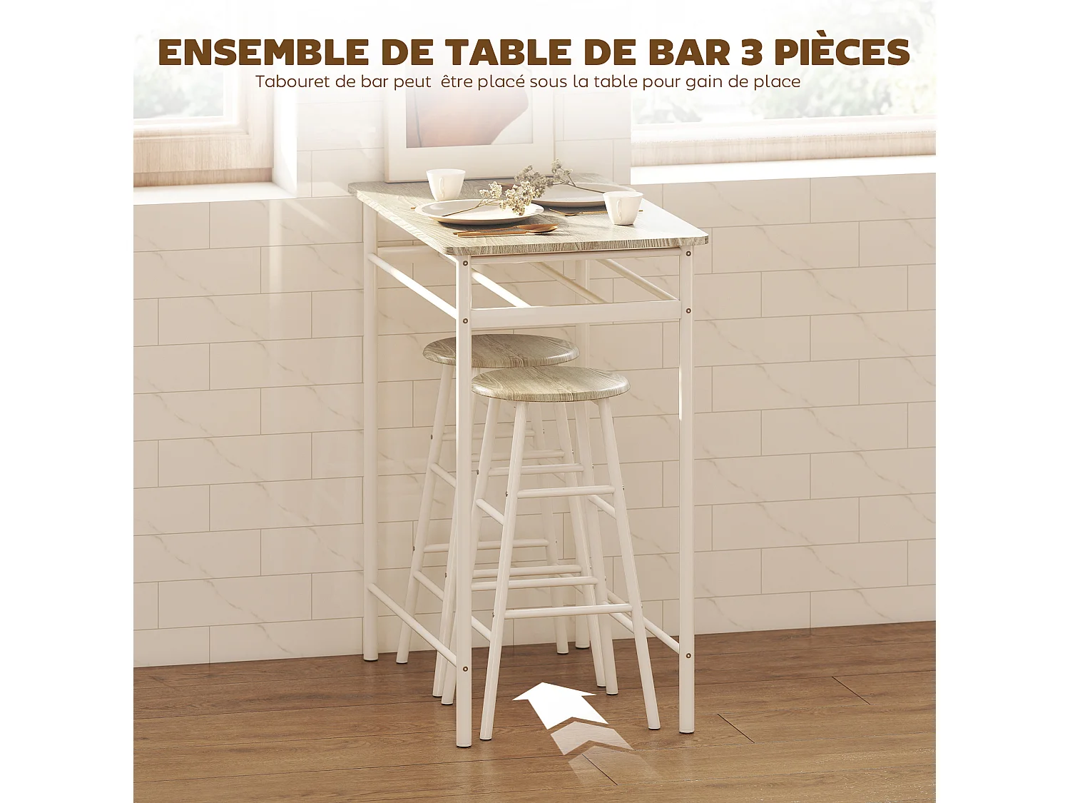 Ensemble table de bar 2 tabourets avec étagère à barreaux métal blanc effet bois clair