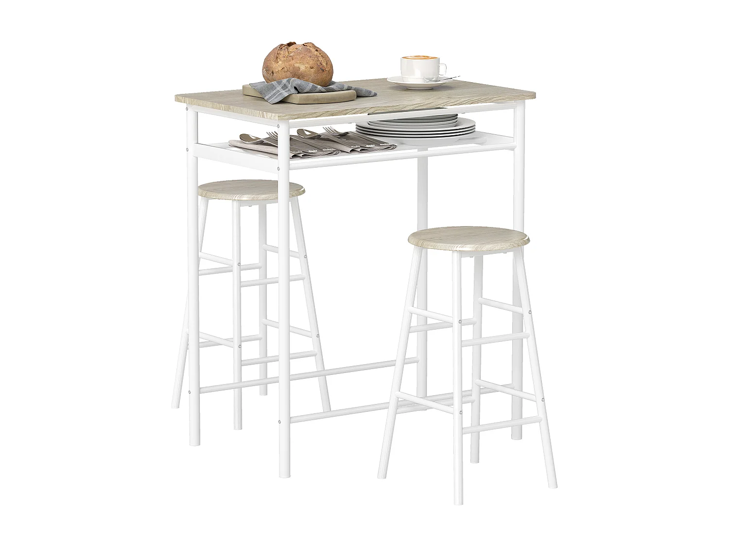 Ensemble table de bar 2 tabourets avec étagère à barreaux métal blanc effet bois clair