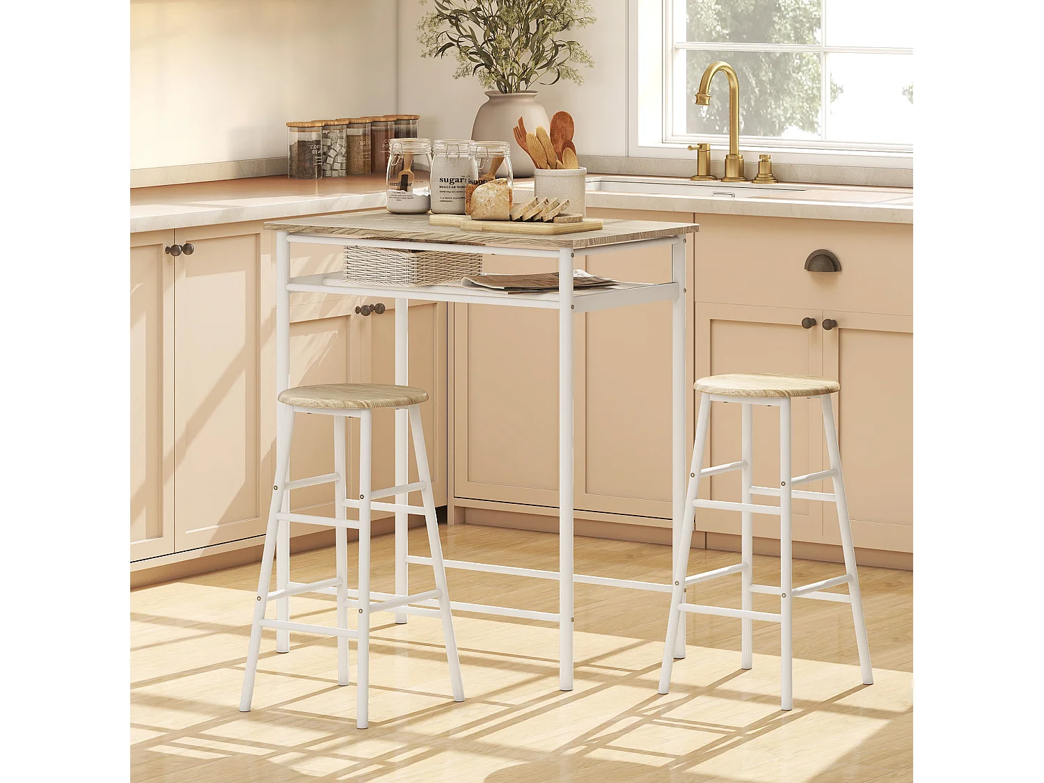 Ensemble table de bar 2 tabourets avec étagère à barreaux métal blanc effet bois clair