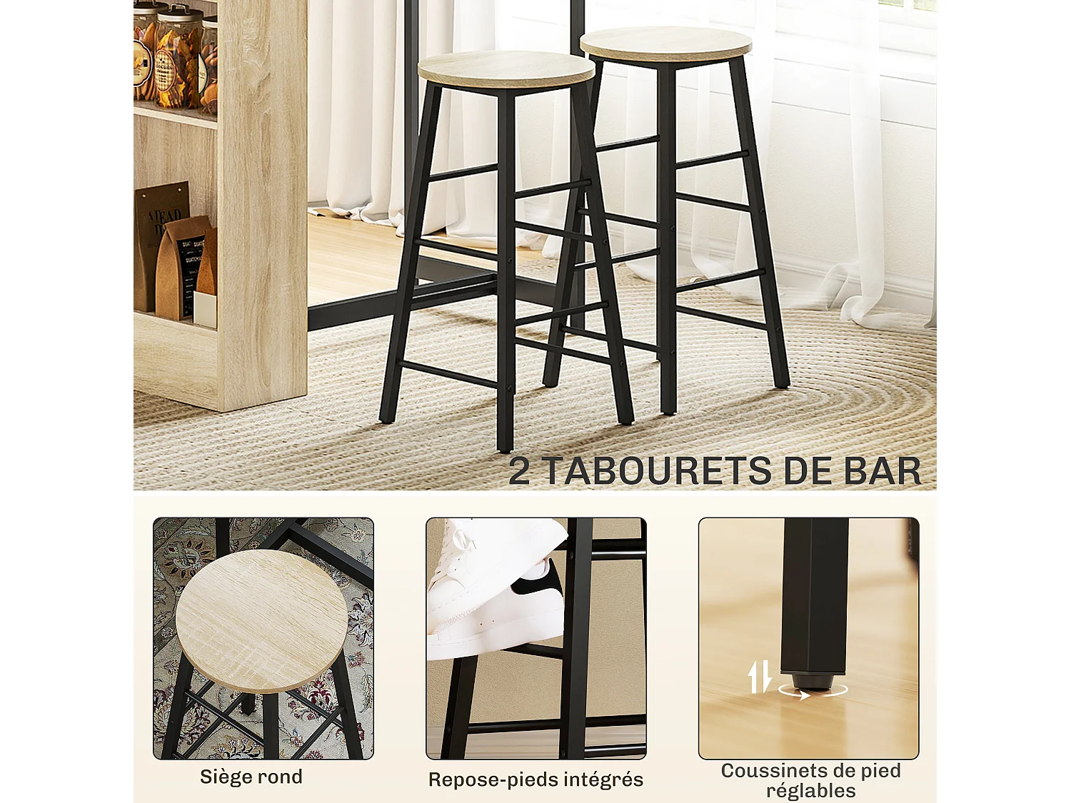 Ensemble table de bar avec 2 tabourets - 3 étagères - acier noir effet bois de chêne clair