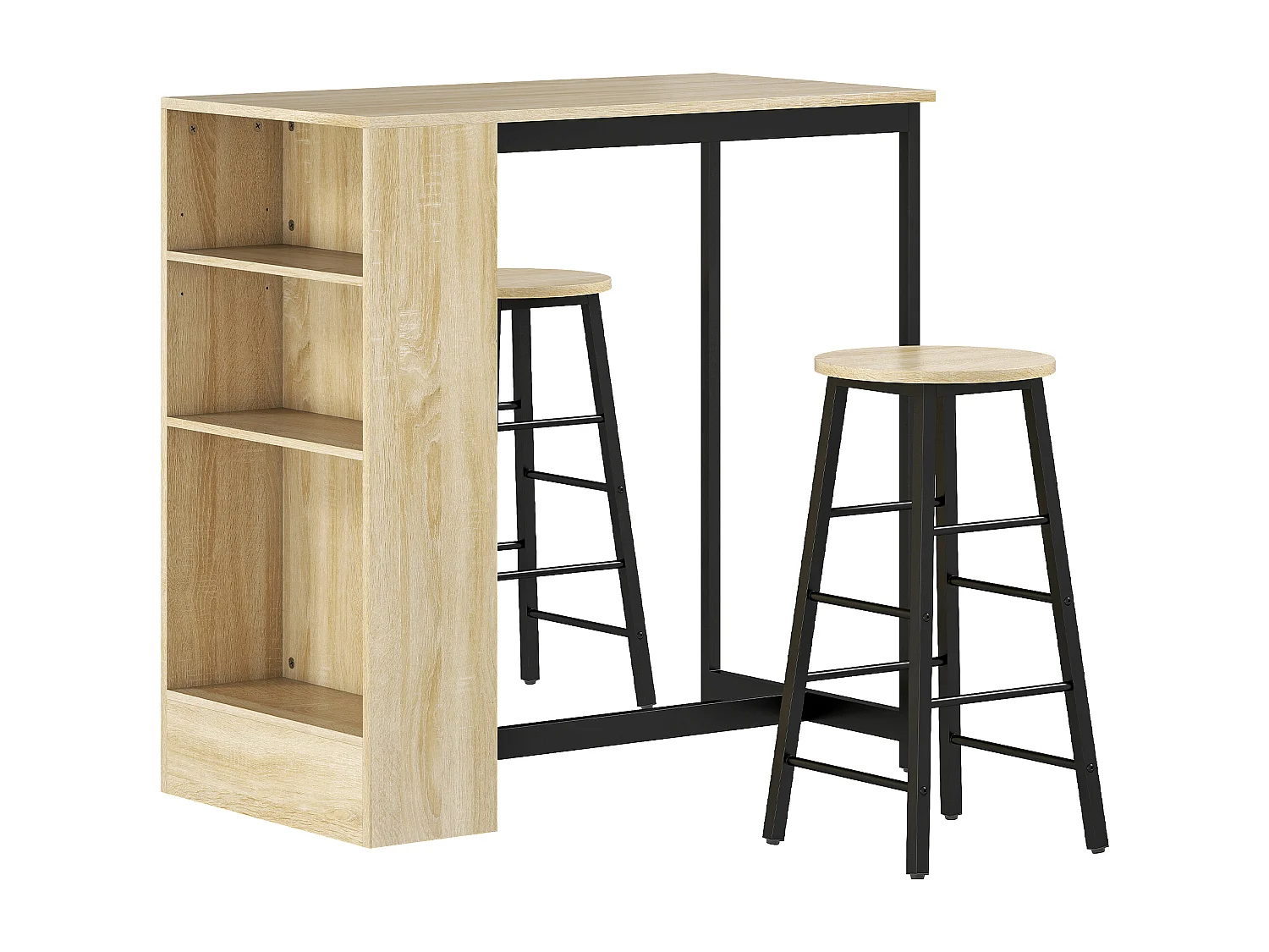 Ensemble table de bar avec 2 tabourets - 3 étagères - acier noir effet bois de chêne clair