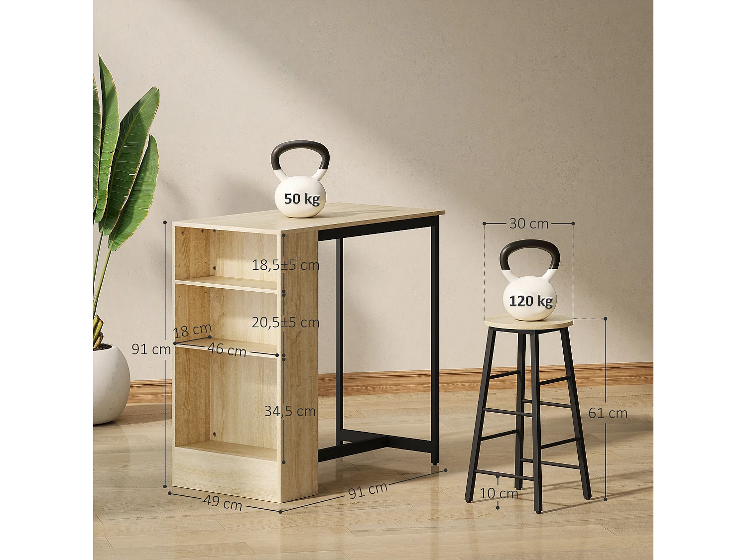 Ensemble table de bar avec 2 tabourets - 3 étagères - acier noir effet bois de chêne clair