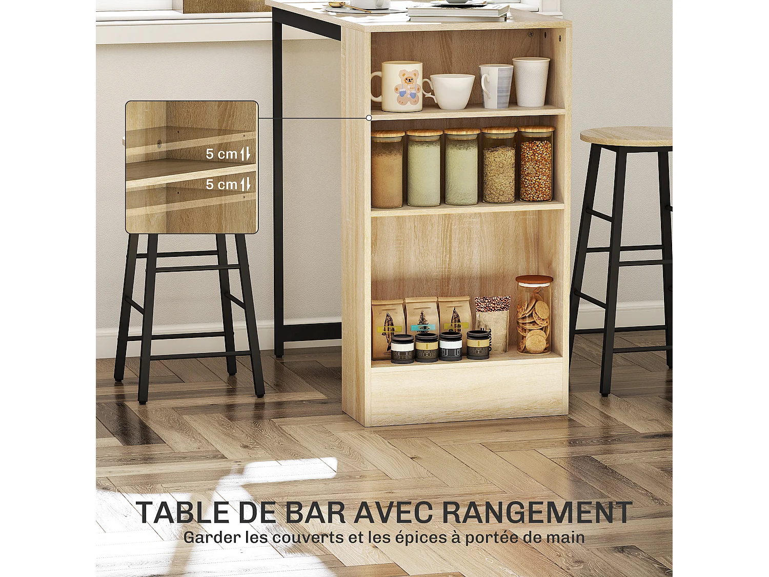 Ensemble table de bar avec 2 tabourets - 3 étagères - acier noir effet bois de chêne clair