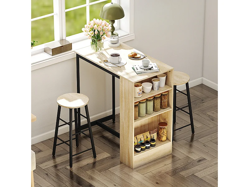 Ensemble table de bar avec 2 tabourets - 3 étagères - acier noir effet bois de chêne clair