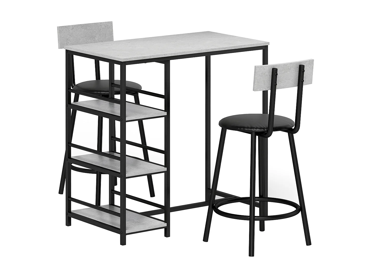 Ensemble 3 pièces table de bar 2 tabourets - 3 étagères intégrées - acier noir effet béton ciré