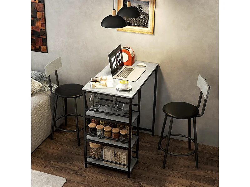 Ensemble 3 pièces table de bar 2 tabourets - 3 étagères intégrées - acier noir effet béton ciré