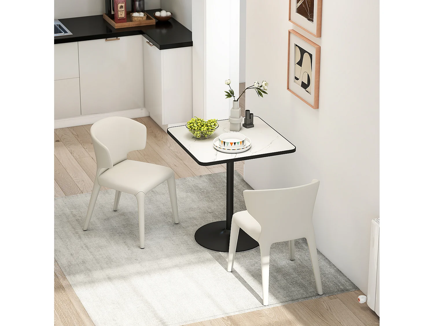 Table à manger design bistrot 4 personnes - table bistrot - piètement rond métal noir plateau effet marbre blanc