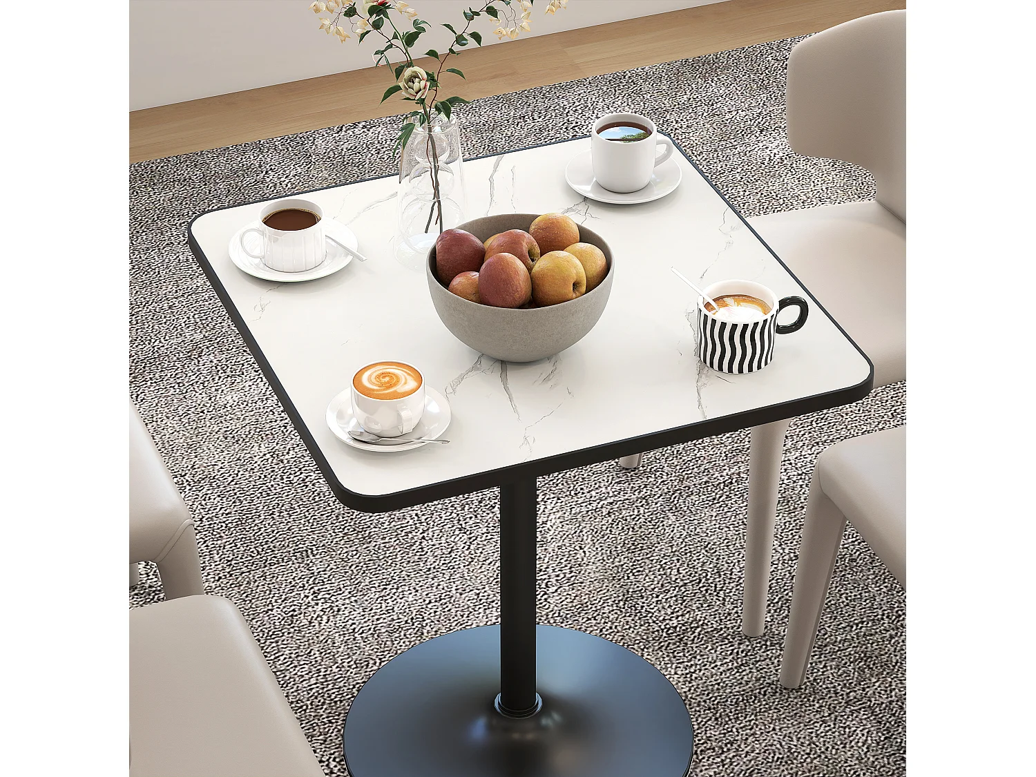 Table à manger design bistrot 4 personnes - table bistrot - piètement rond métal noir plateau effet marbre blanc