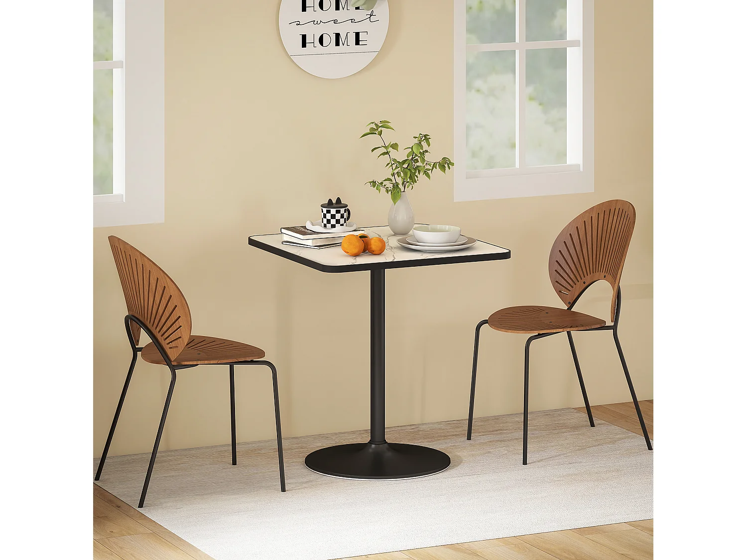 Table à manger design bistrot 4 personnes - table bistrot - piètement rond métal noir plateau effet marbre blanc