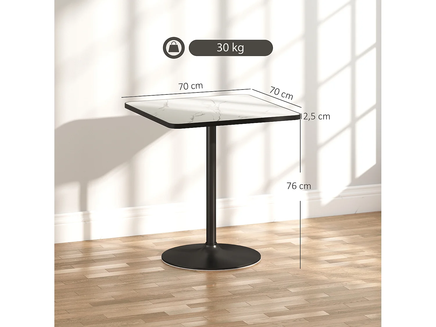 Table à manger design bistrot 4 personnes - table bistrot - piètement rond métal noir plateau effet marbre blanc