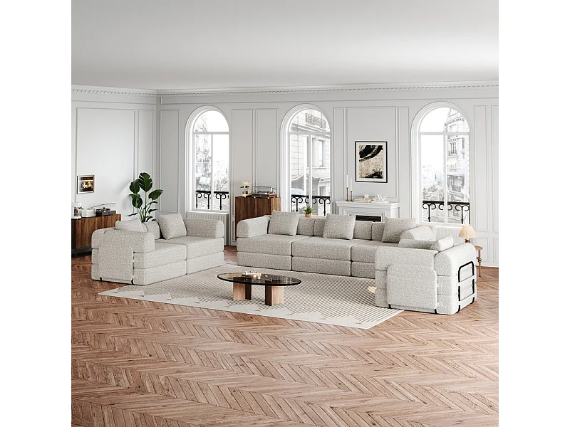 Canapé modulable en chenille - canapé-lit pliant - avec 6 Oreillers, poches rangement et cadres extérieur - Kaki