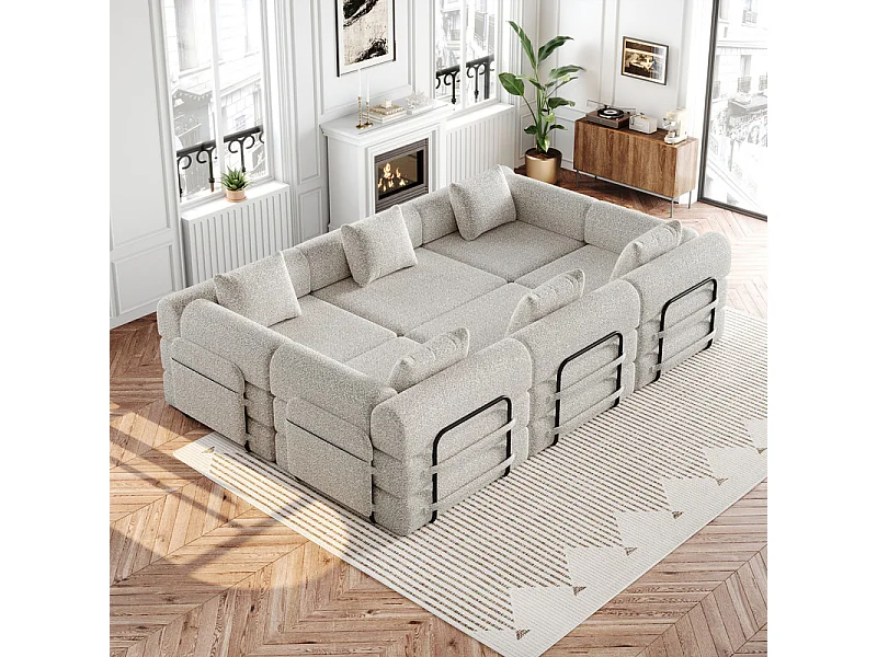 Canapé modulable en chenille - canapé-lit pliant - avec 6 Oreillers, poches rangement et cadres extérieur - Kaki