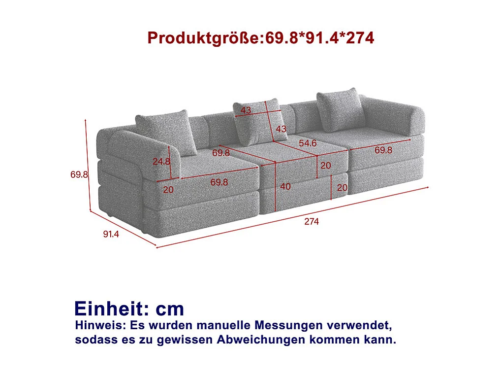 Sofa 3 Sitzer Modular aus Chenille - Klappbares SofaBett - mit StauTaschen und Rahmen - Grau