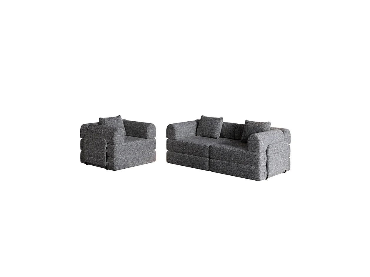 Sofa 3 Sitzer Modular aus Chenille - Klappbares SofaBett - mit StauTaschen und Rahmen - Grau