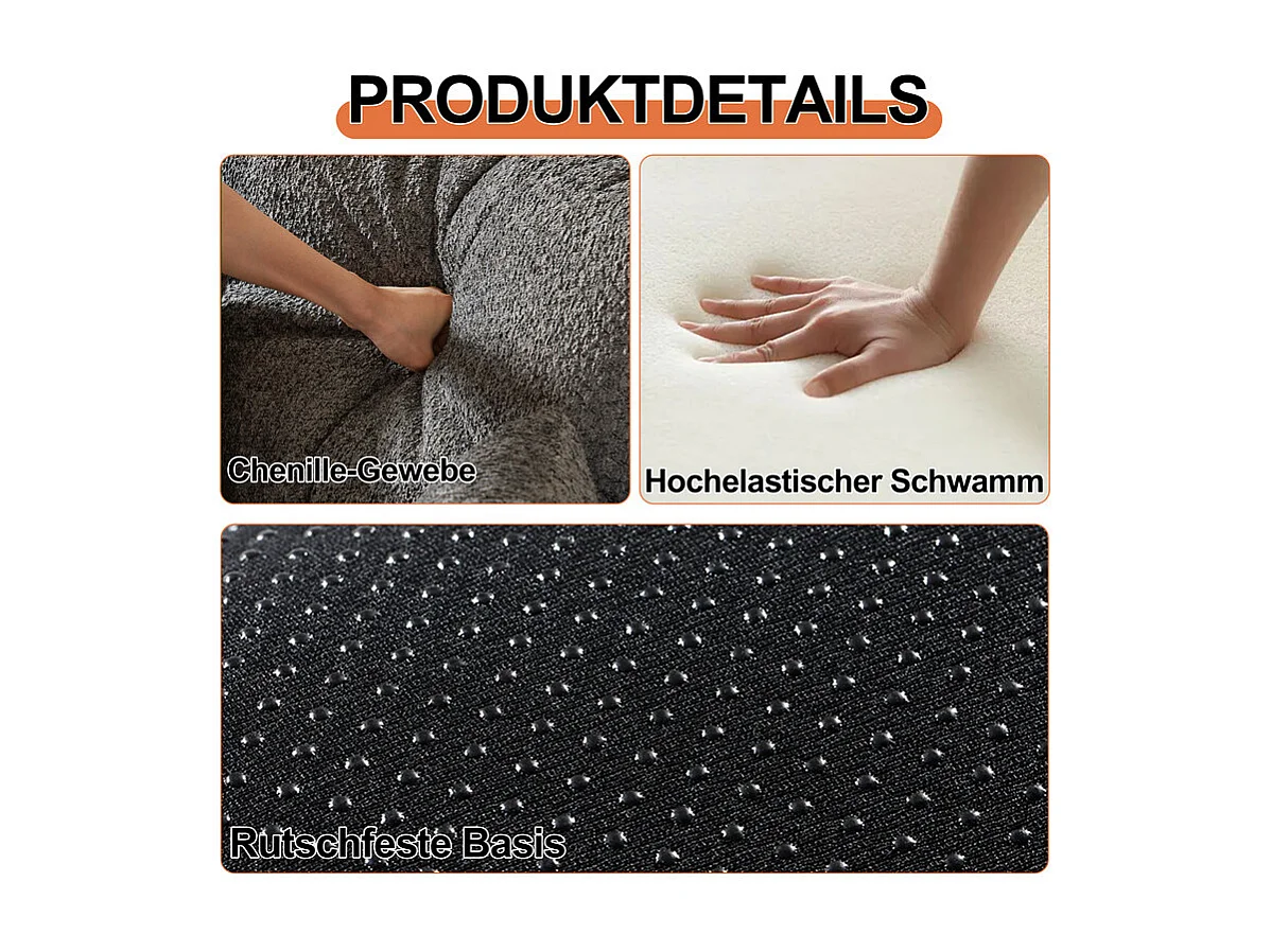 Sofa 3 Sitzer Modular aus Chenille - Klappbares SofaBett - mit StauTaschen und Rahmen - Grau