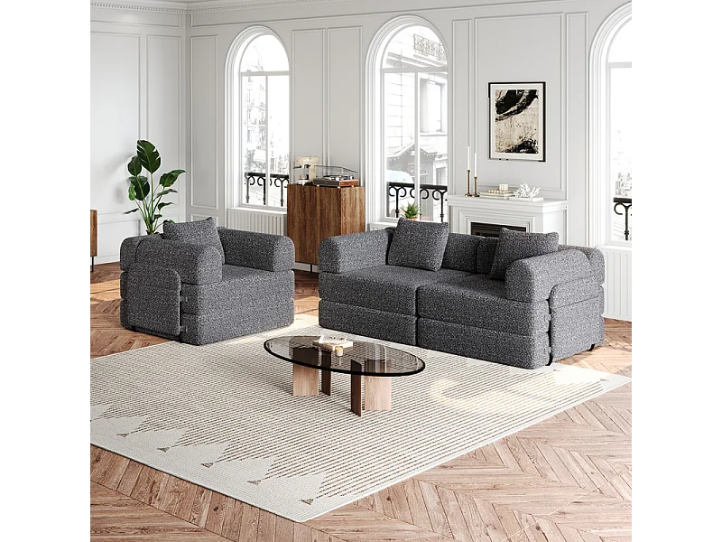 Canapé 3 places modulable en chenille - canapé-lit pliant - avec poches rangement et cadres extérieur - Gris