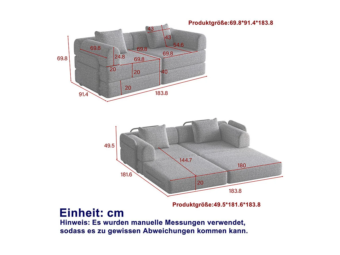 Canapé 2 places modulable en chenille - avec poches rangement - cadres extérieur métalliques - canapé-lit pliant - Gris
