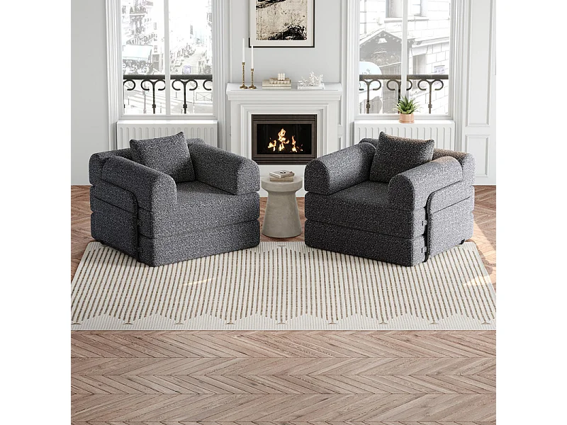 Canapé 2 places modulable en chenille - avec poches rangement - cadres extérieur métalliques - canapé-lit pliant - Gris