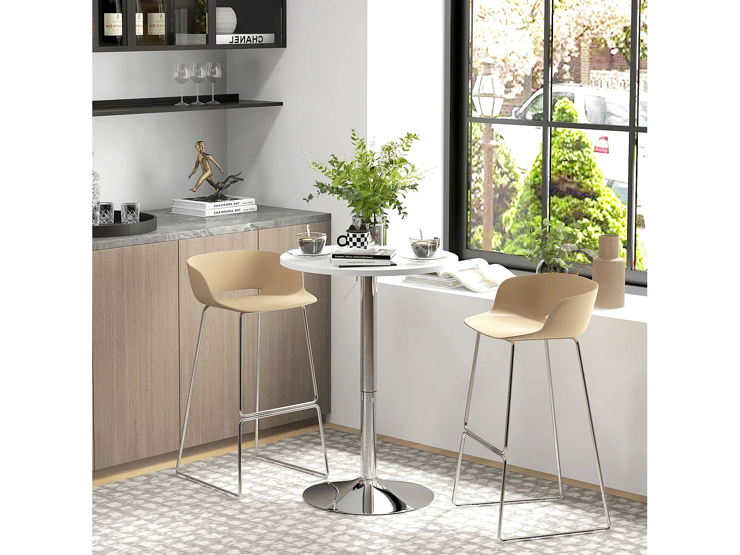 Table de bar ronde Ø 60 cm table bistro chic hauteur réglable 69-91 cm acier chromé blanc