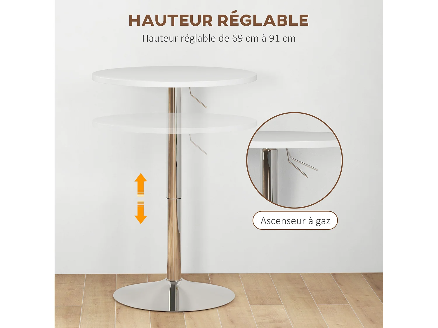 Table de bar ronde Ø 60 cm table bistro chic hauteur réglable 69-91 cm acier chromé blanc