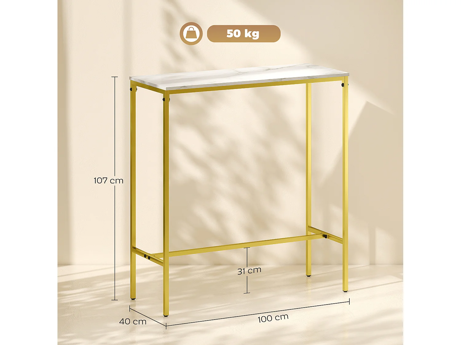 Table de bar mange-debout table haute dim. 100 x 40 x 107 cm acier doré plateau effet marbre blanc