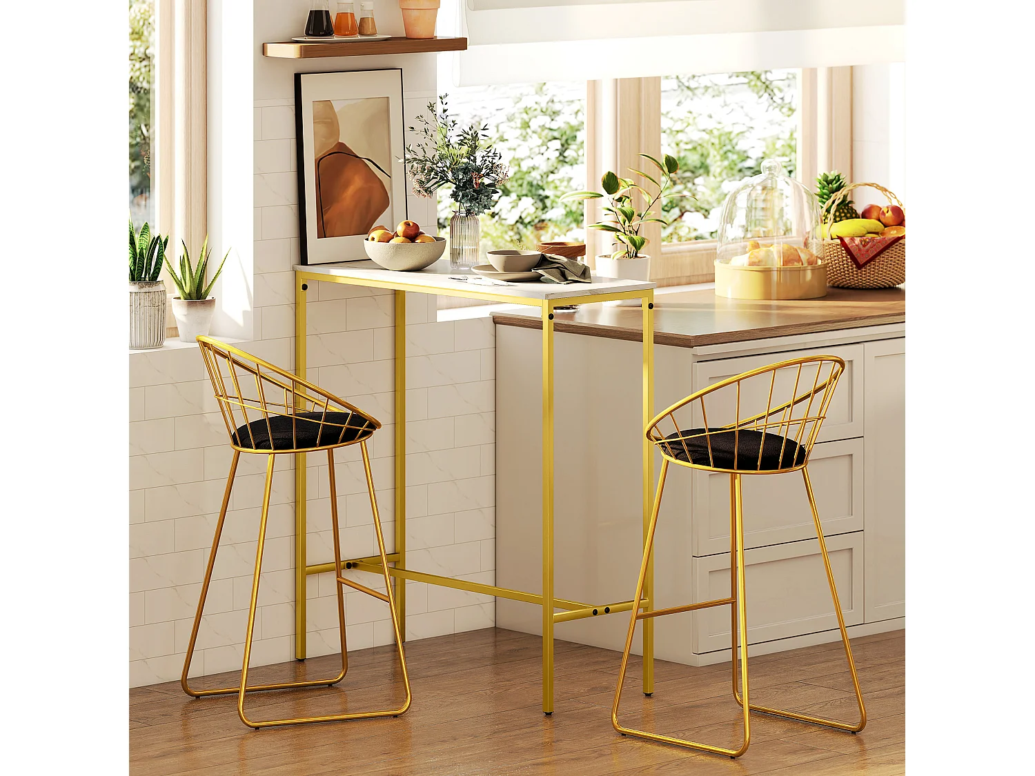 Table de bar mange-debout table haute dim. 100 x 40 x 107 cm acier doré plateau effet marbre blanc