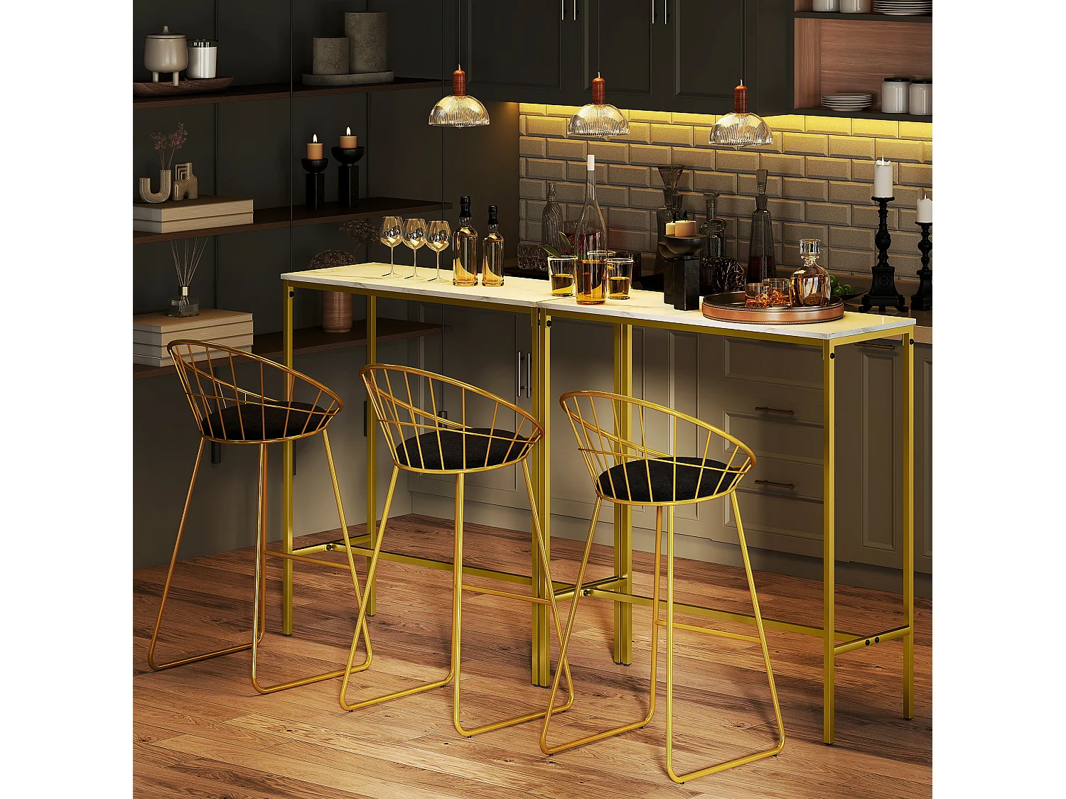 Table de bar mange-debout table haute dim. 100 x 40 x 107 cm acier doré plateau effet marbre blanc