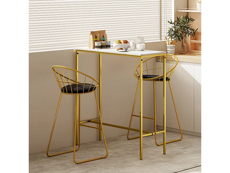 Table de bar mange-debout table haute dim. 100 x 40 x 107 cm acier doré plateau effet marbre blanc