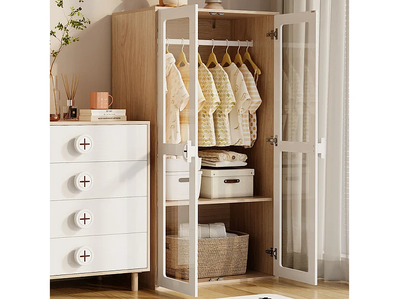 Armario - 2 Puertas Cristal - con Barra Colgar - Estantes Ajustables 10 Niveles 80x50x150cm