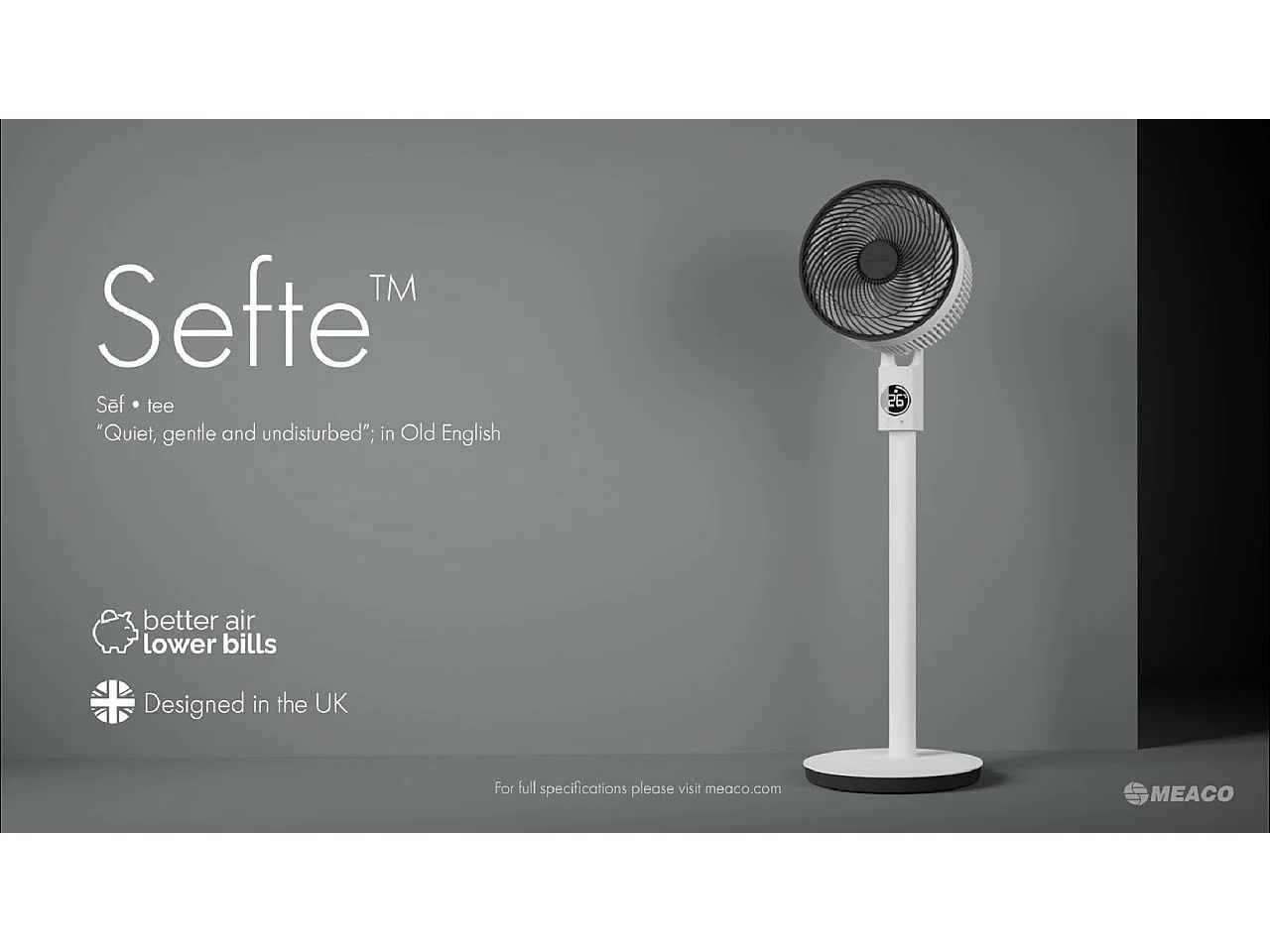 Staande ventilator MEACO MeacoFan Sefte 10", stil, verstelbare hoogte, horizontale en verticale oscillatie, borstelloze motor, afstandsbediening, witte kleur.