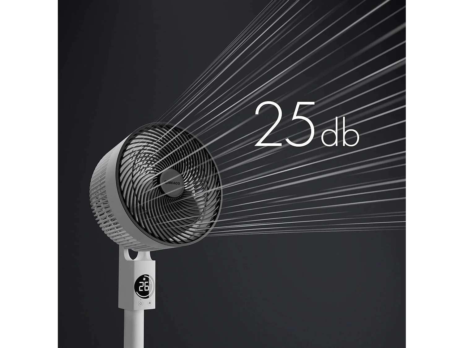 Staande ventilator MEACO MeacoFan Sefte 10", stil, verstelbare hoogte, horizontale en verticale oscillatie, borstelloze motor, afstandsbediening, witte kleur.