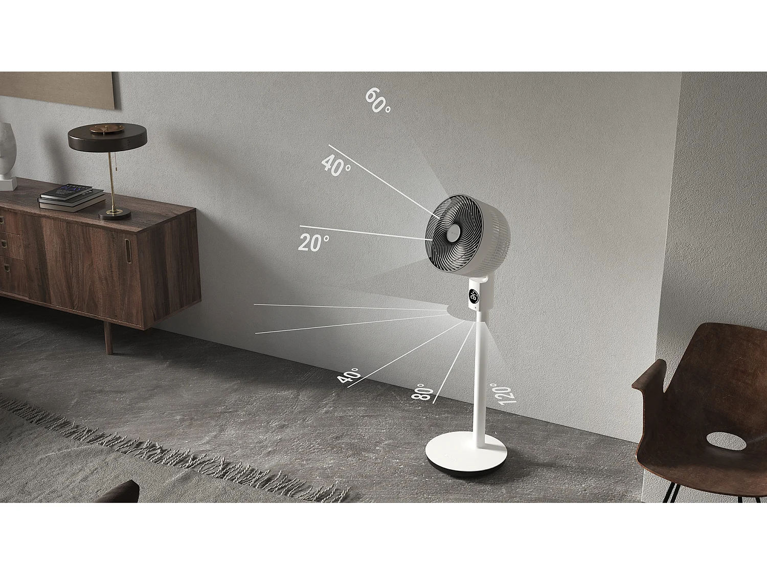 Staande ventilator MEACO MeacoFan Sefte 10", stil, verstelbare hoogte, horizontale en verticale oscillatie, borstelloze motor, afstandsbediening, witte kleur.