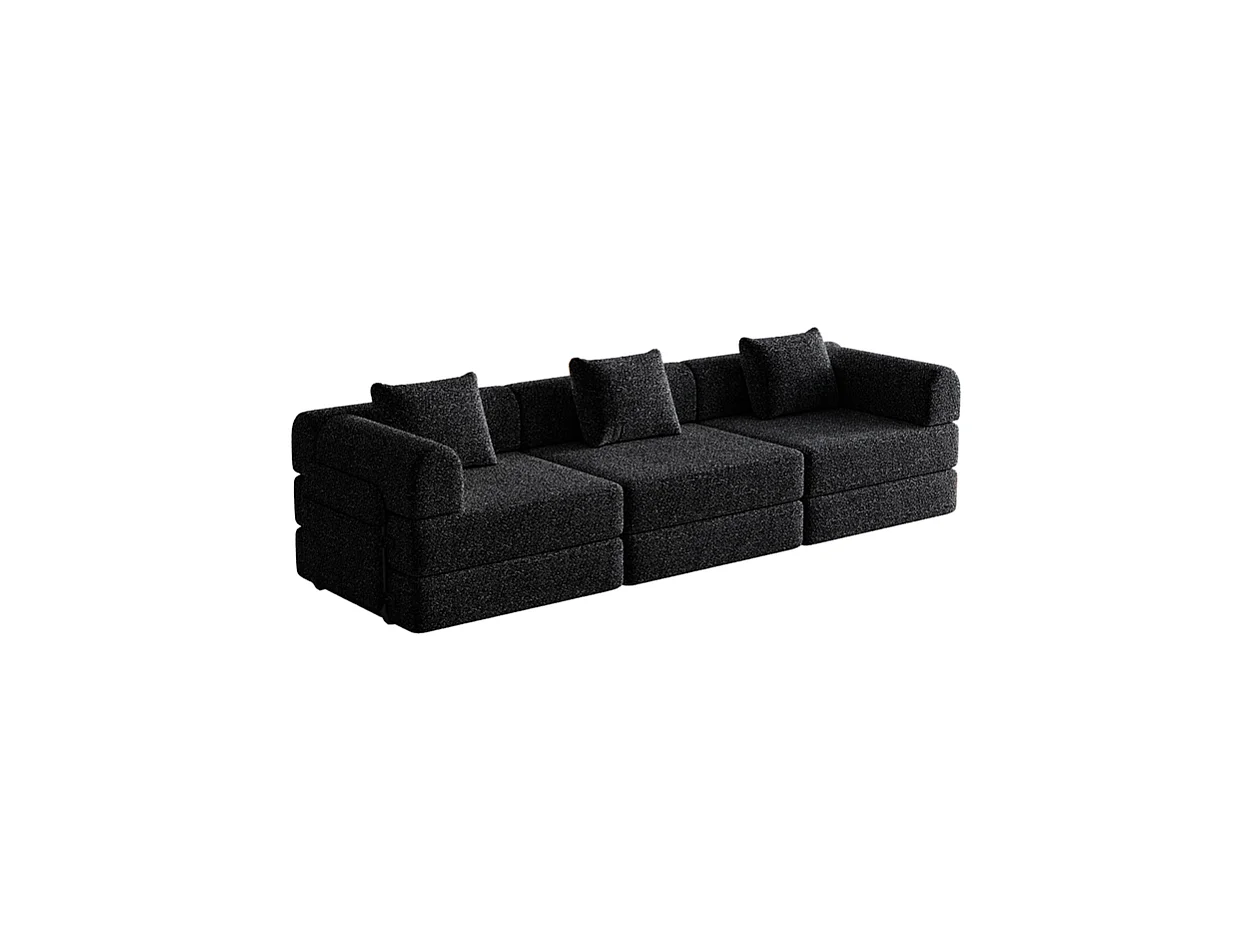 Sofa 3 Sitzer Modular aus Chenille - Klappbares SofaBett - mit StauTaschen und Rahmen - Schwarz